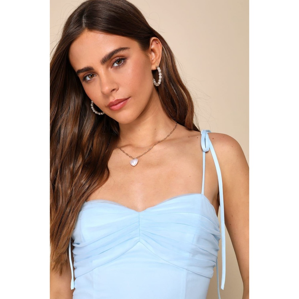 Lulus‎ Endlessly Darling Light Blue Mesh Tiered Tie-Strap Maxi Dress Size XS - Picture 4 of 4
